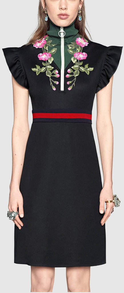 Floral-Embroidered Zip-up High Neck Web-Trim Dress