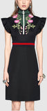 Floral-Embroidered Zip-up High Neck Web-Trim Dress