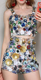 Floral-Appliques Bustier Top & High-Waist Short Set