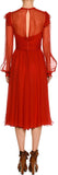 High-Neck Long-Sleeve Ruffled Midi Cocktail Dress, Red