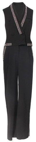 Black Double-Breasted Crystal-Embellished Jumpsuit