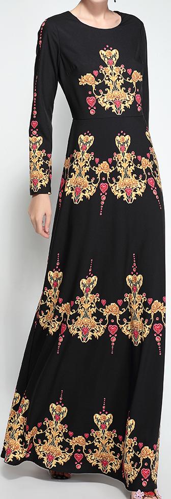 Black Long-Sleeve Printed Gown