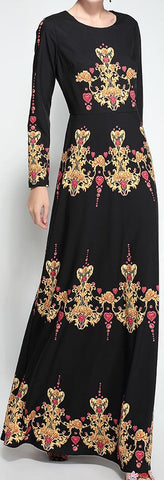 Black Long-Sleeve Printed Gown