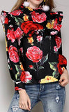 Roses Print Ruffle-Bib Blouse, Black