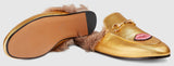 Princetown Fur lined Embroidered Lip & Heart Slipper in Gold - DESIGNER INSPIRED FASHIONS