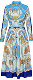 Blue Vintage-Printed Shirt & Button-Embellished Skirt Set