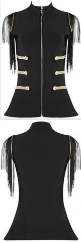 Fringed-Sleeve Military Style Elasticated Top