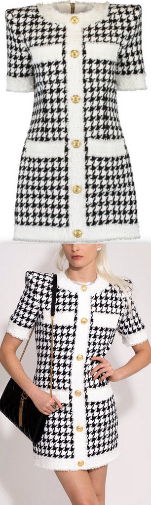 Houndstooth Button Down Tweed Dress