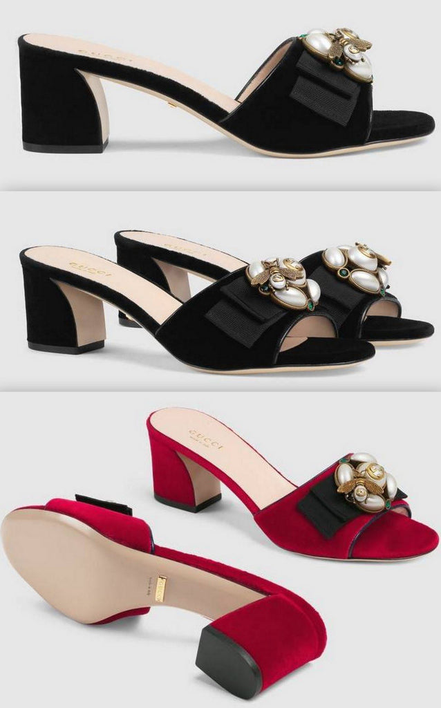 Velvet Mid-Heel Slide with Bee - Black or Red