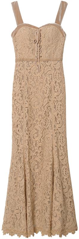 Lace-Up Sleeveless Midi Lace Dress, Apricot