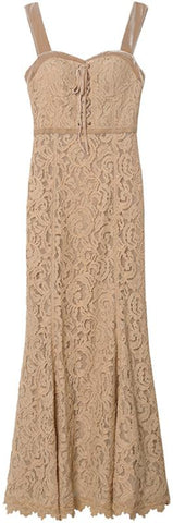 Lace-Up Sleeveless Midi Lace Dress, Apricot