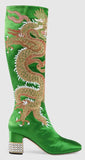 Dragon Satin Mid-Heel Knee Boot, Green
