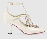 T-strap Leather Pump with Pearls - White or Black