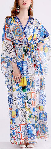 Tile-Print Chiffon Maxi Dress