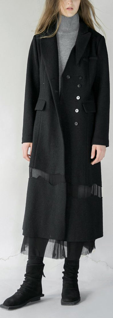 Tulle-Paneled Wool Coat - Black or Army Green