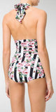 Striped Rose Print Swimsuit