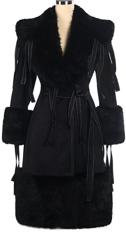 Tassel-Sash Embellished Fur Trim Coat in Black - DESIGNER INSPIRED FASHIONS