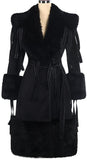 Tassel-Sash Embellished Fur Trim Coat in Black - DESIGNER INSPIRED FASHIONS
