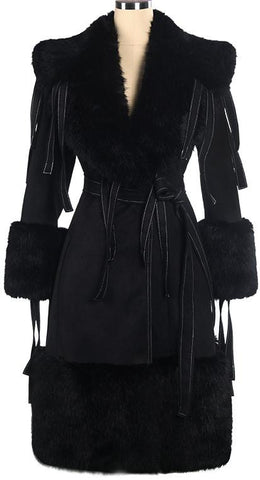 Tassel-Sash Embellished Fur Trim Coat in Black - DESIGNER INSPIRED FASHIONS