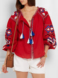 'Kilim' embroidered linen Boho blouse in Red or White - DESIGNER INSPIRED FASHIONS