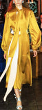 Satin Long Sleeve Dress with Tie and Color-Contrast Sash Belt