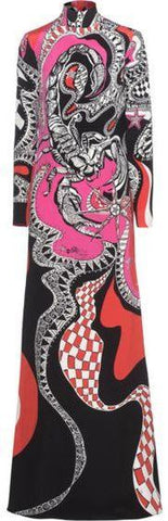 'Zodiac' Printed Long Jersey Silk High-Neck Dress-Multi Color - DESIGNER INSPIRED FASHIONS