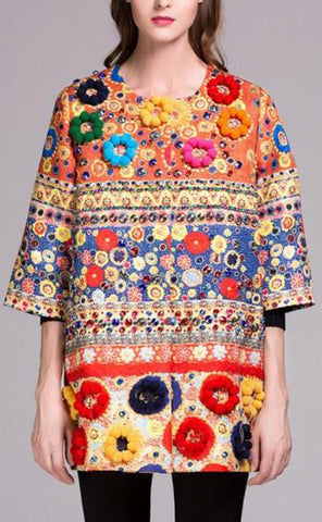 Rhinestone & Pom Pom Embellished Multi Colored Coat - DESIGNER INSPIRED FASHIONS