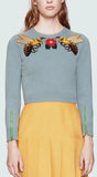 Bee-Embroidered Short Knit Sweater in Light Blue - DESIGNER INSPIRED FASHIONS