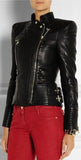 Black Ribbed Faux-Leather Biker Jacket - DESIGNER INSPIRED FASHIONS
