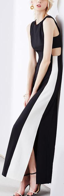 Bicolor Contrast Long Sleeveless Dress in Black & White - DESIGNER INSPIRED FASHIONS