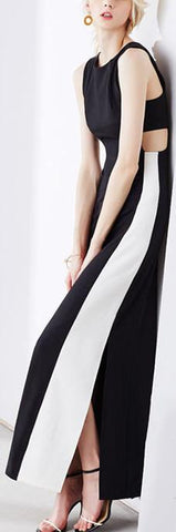 Bicolor Contrast Long Sleeveless Dress in Black & White - DESIGNER INSPIRED FASHIONS