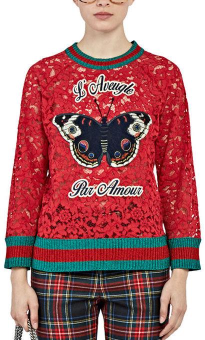 Butterfly Patch Floral Lace Sweater in Red - DESIGNER INSPIRED FASHIONS