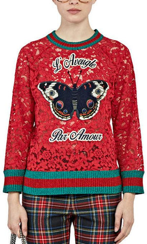Butterfly Patch Floral Lace Sweater in Red - DESIGNER INSPIRED FASHIONS