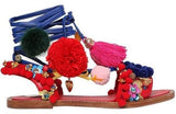 Multicolor Pompom & Tassels Leather Sandals - DESIGNER INSPIRED FASHIONS