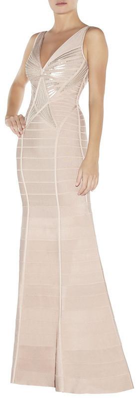 Long Sequin Embellished Sleeveless V-Neck Bandage Gown-Nude - DESIGNER INSPIRED FASHIONS