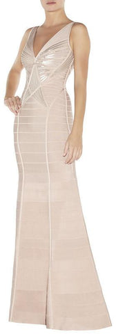 Long Sequin Embellished Sleeveless V-Neck Bandage Gown-Nude - DESIGNER INSPIRED FASHIONS