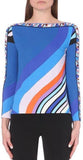 Boat-Neck Abstract Print Jersey Silk Top in Blue - DESIGNER INSPIRED FASHIONS