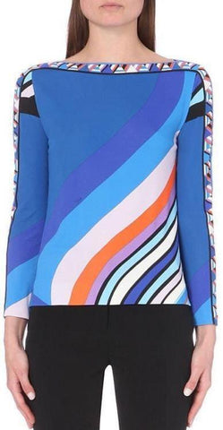Boat-Neck Abstract Print Jersey Silk Top in Blue - DESIGNER INSPIRED FASHIONS