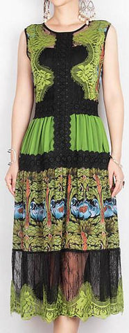 Lace Paneled Sleeveless Printed Dress in Green - DESIGNER INSPIRED FASHIONS