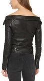 Black Off-Shoulder Faux-Leather Jacket - DESIGNER INSPIRED FASHIONS