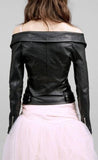 Black Off-Shoulder Faux-Leather Jacket - DESIGNER INSPIRED FASHIONS