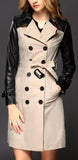 Double-Breasted Faux-Leather-Sleeve Trench Coat - DESIGNER INSPIRED FASHIONS