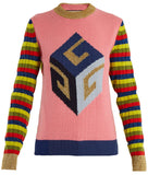 Cube-Intarsia Striped Knit Sweater
