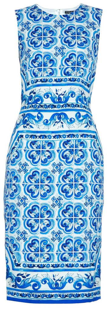 'Majolica' Tile Printed Pencil Dress in Blue & White - DESIGNER INSPIRED FASHIONS