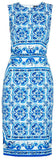 'Majolica' Tile Printed Pencil Dress in Blue & White - DESIGNER INSPIRED FASHIONS