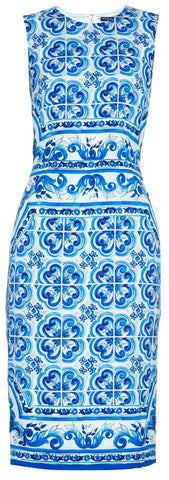 'Majolica' Tile Printed Pencil Dress in Blue & White - DESIGNER INSPIRED FASHIONS