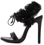 Ruffled Flower-Ankle Leather Sandals in Pink or Black - DESIGNER INSPIRED FASHIONS