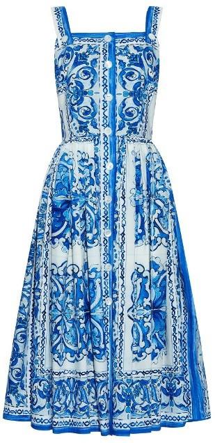 'Majolica' Print Sleeveless Dress in Blue & White - DESIGNER INSPIRED FASHIONS