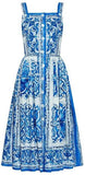 'Majolica' Print Sleeveless Dress in Blue & White - DESIGNER INSPIRED FASHIONS