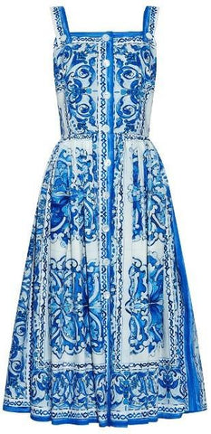 'Majolica' Print Sleeveless Dress in Blue & White - DESIGNER INSPIRED FASHIONS
